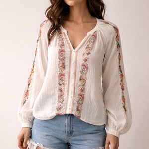 Good Hart Peasant Blouse Medium White Embroidered Boho Top Cotton India